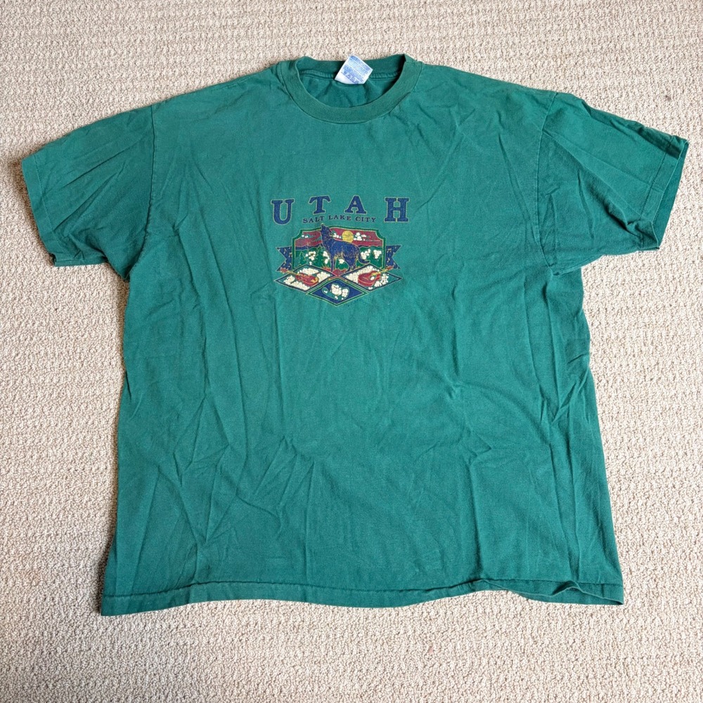 Vintage Hanes Beefy-T Utah Salt Lake City Wolf Graphic T-Shirt Green XXL USA